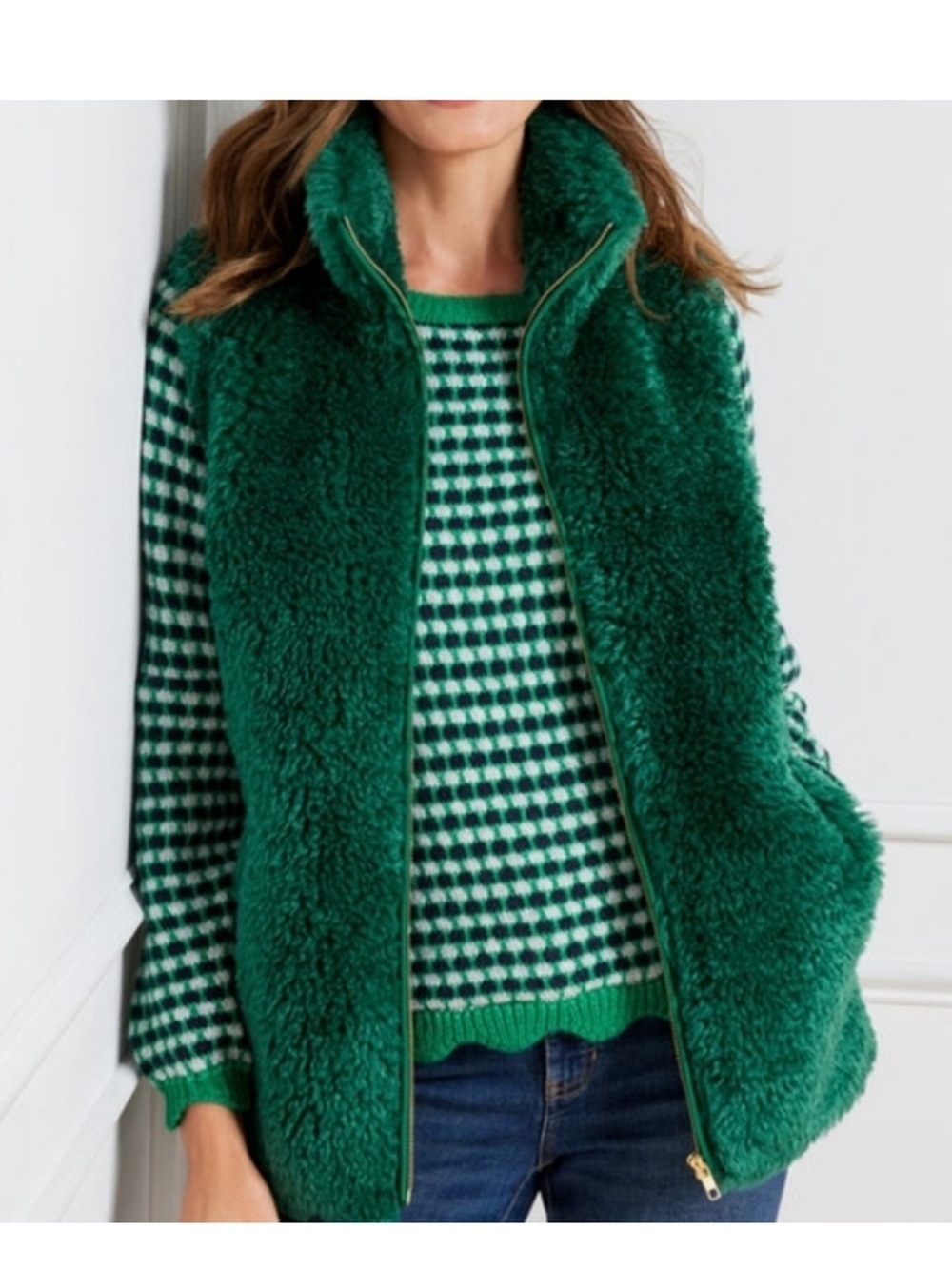 NWT Talbots Deep Green Teddy Faux-Shearling Zip Vest